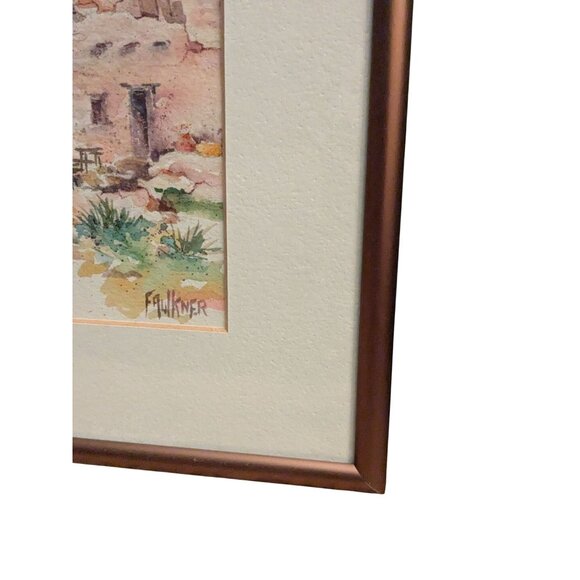 Faulkner Watercolor Painting Of Adobe Pueblo Scene In Copper Frame - Picture 11 of 16